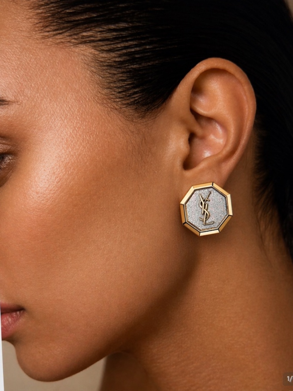 YSL Yves Saint Laurent Gold-Tone Octagon Logo Clip Earrings with Silver Center